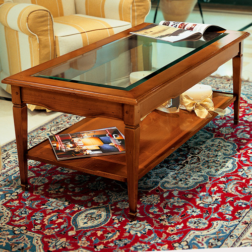 Tavolino rettangolare con piano superiore in vetro e piano inferiore in legno (disponibile anche in altre misure)