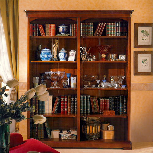 Libreria a giorno con schienale in legno e otto ripiani in legno sagomati regolabili (disponibile anche a tre vani)